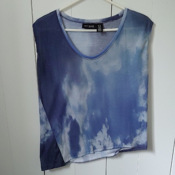 Dkny Blue White Sleeveless Asymmetrical Muscle Tee - Picture 1 of 4